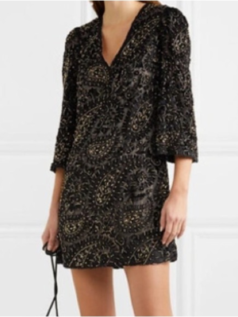 Alice + Olivia Riska Black V-Neck ¾ sleeve Mini Dress with Gold Beading size 0